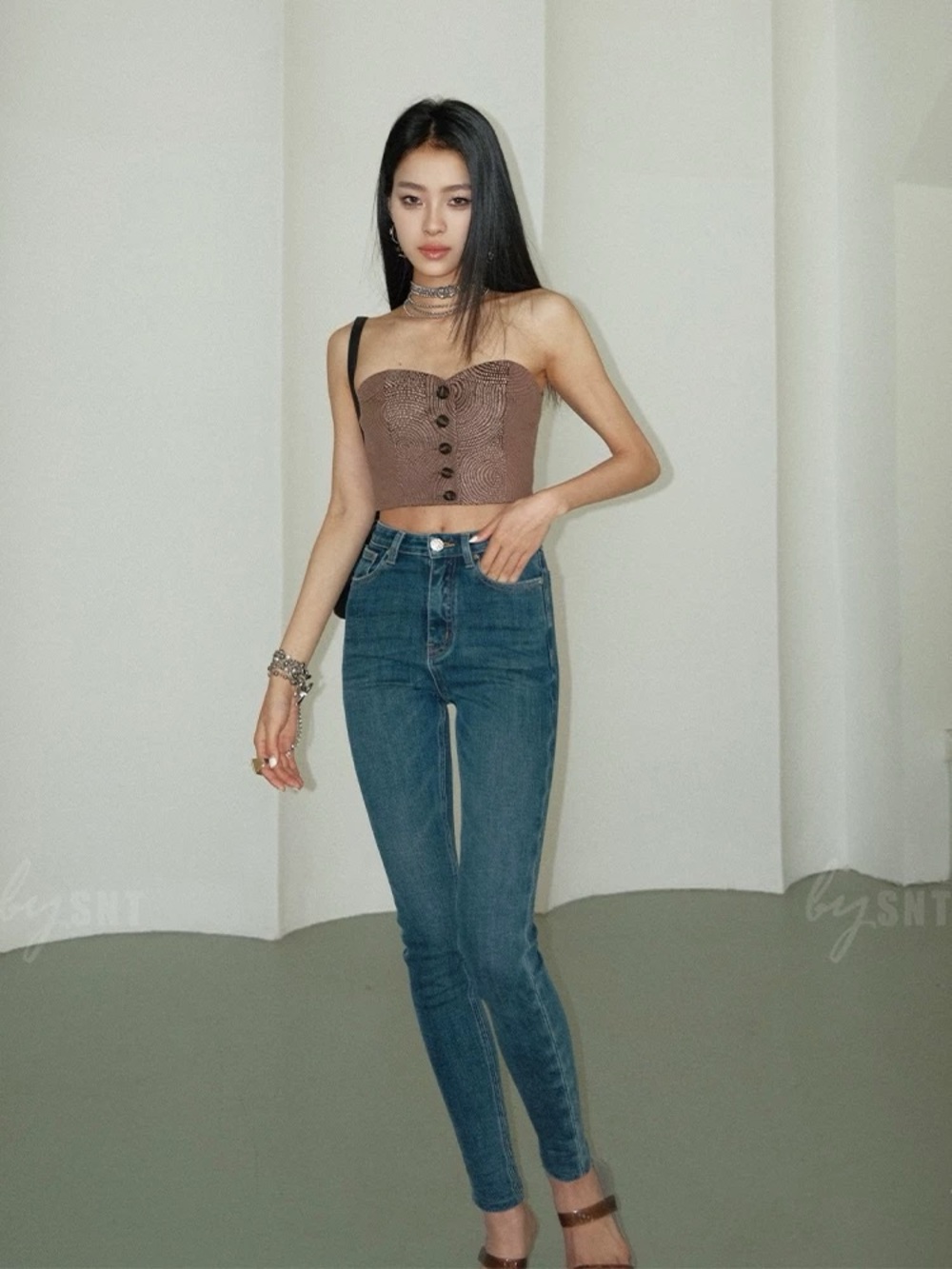 Brown Strapless Button-Front Corset Top